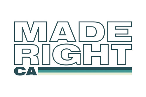 Text reading "MADE RIGHT CA" with bold blue-green font. A blue line with a lighter green shadow runs beneath "CA." The design has a clean, modern look on a white background.