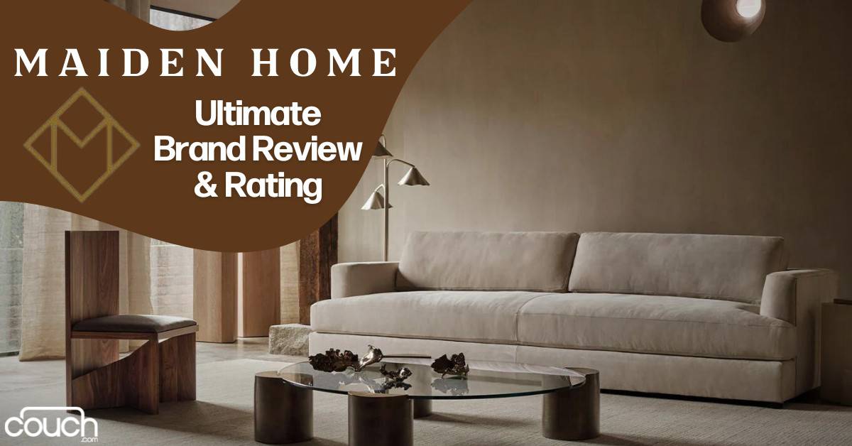 A minimalist living room with a beige couch, a glass coffee table, and two wooden side tables. Text overlay reads, "Maiden Home Ultimate Brand Review & Rating.