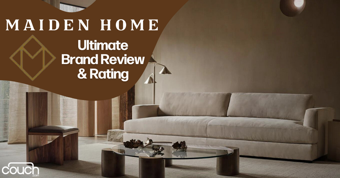 A modern living room with beige walls features a large beige sofa, a round glass coffee table, and a wooden side table. The image includes the text "Maiden Home: Ultimate Brand Review & Rating" and the website "couch.com" in the bottom left corner.