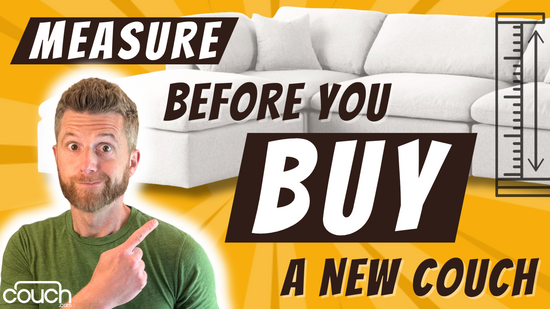 A man with a beard and green shirt points to a text that reads, "Measure Before You Buy a New Couch." The background shows a white sectional sofa and a graphic of a measuring tape. The logo "couch.com" is in the bottom left corner.