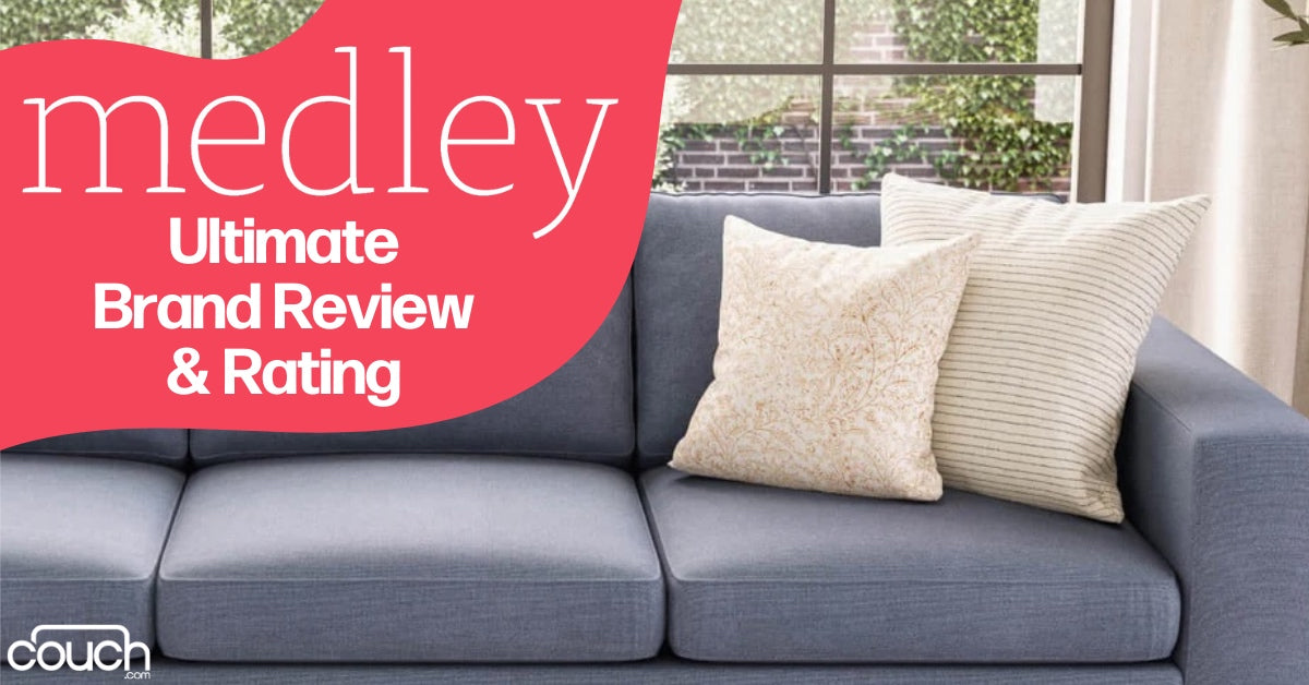 A cozy living room scene with a blue sofa featuring two decorative pillows. The text on the image reads "medley Ultimate Brand Review & Rating," with a logo of "couch.com" in the corner. Large windows are visible in the background.