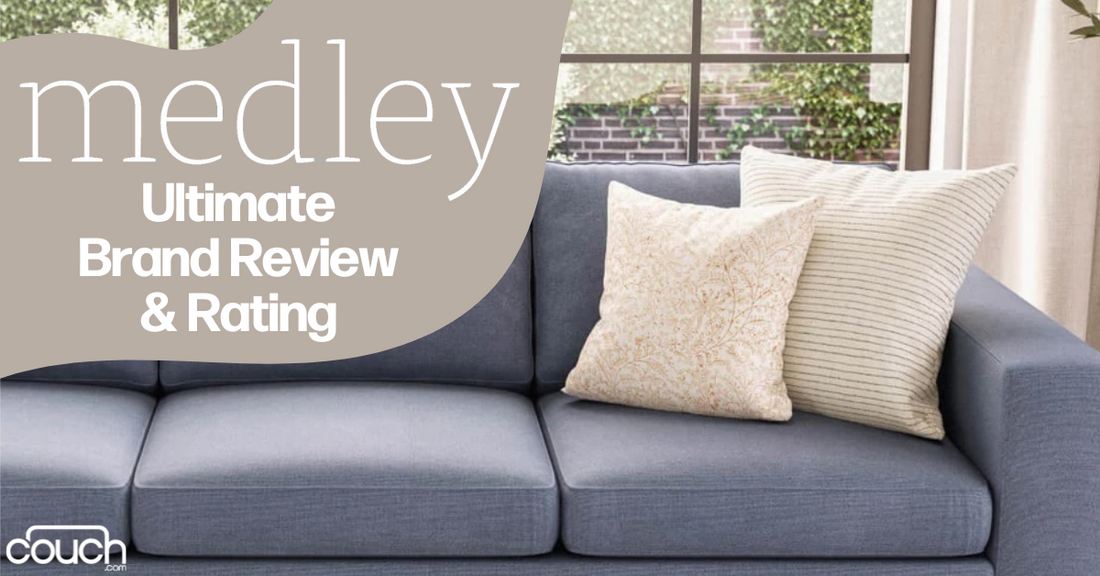 A comfortable, modern gray couch adorned with two decorative pillows: one in a white pattern and the other in light gray stripes. The text on the image reads "medley Ultimate Brand Review & Rating". The logo "couch.com" is in the bottom left corner.
