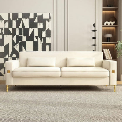 A modern living room featuring the Mid Century Modern Sofa Couch with a sleek grey carpet beneath it. The sofa is adorned with two cushions and stands on elegant gold legs. Abstract black and white wall art serves as a sophisticated backdrop, while to the right, a wooden shelf is adorned with decorative items next to a contemporary black floor lamp.