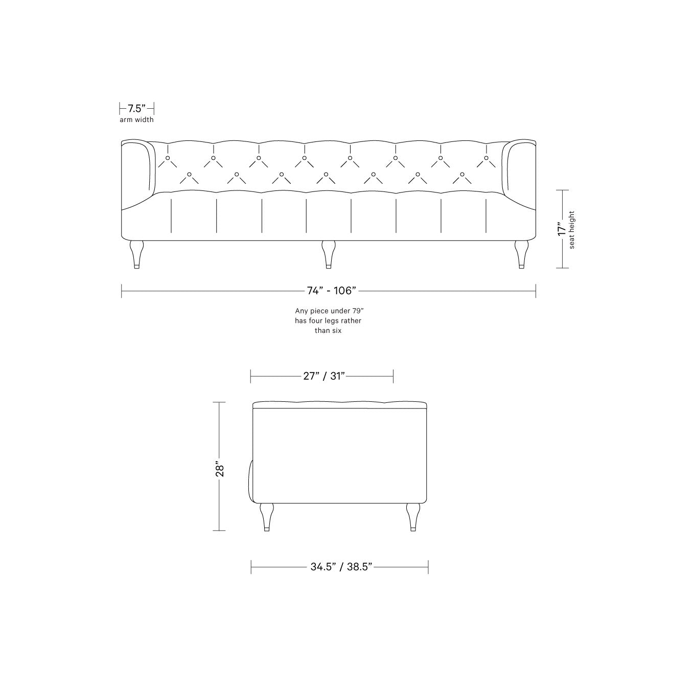 A line drawing of the Ms. Chesterfield Leather Custom Sofa with dimensions. The sofa width ranges from 74" to 106", the height is 30", and the arm width is 7.5". The associated ottoman measures 27"/31" in width, stands at a height of 28", and has a depth of 34.5"/38.5". Text notes that pieces under 79" have four legs.