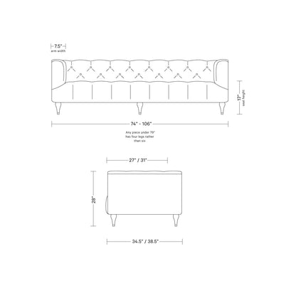 A line drawing of the Ms. Chesterfield Leather Custom Sofa with dimensions. The sofa width ranges from 74" to 106", the height is 30", and the arm width is 7.5". The associated ottoman measures 27"/31" in width, stands at a height of 28", and has a depth of 34.5"/38.5". Text notes that pieces under 79" have four legs.