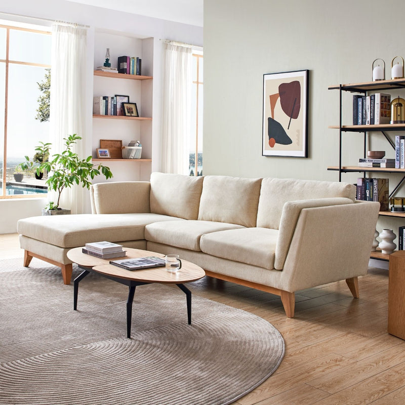 A cozy living room with a ValMinimal Sectional, a wooden coffee table, and a round rug. Shelves with books and decor are against the walls. Large windows let in natural light, and a potted plant adds a touch of greenery.