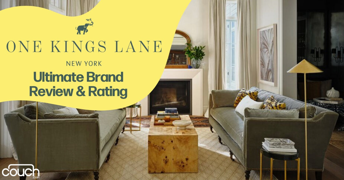 A cozy living room with two gray sofas facing each other. There's a wooden coffee table in between, a fireplace, and decorative items. A large yellow banner with text about "One Kings Lane" is overlaid on the image.