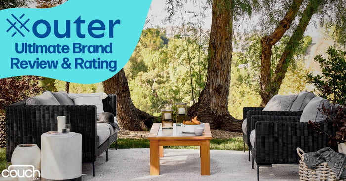 Outdoor patio scene with woven couches, cushions, and a wooden table. Trees and greenery surround the area. Text on the image reads, "Outer Ultimate Brand Review & Rating" and "Couch.