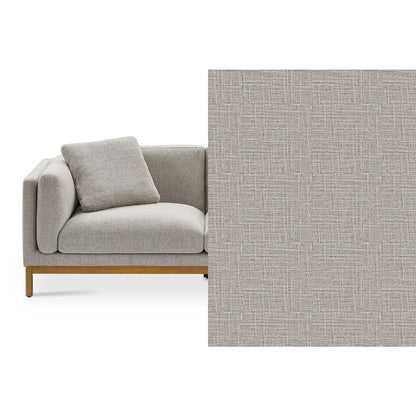 A partially shown modern Owen Chaise Sectional Sofa in gray is set against a wooden base, featuring a single cushion. Beside it, there's a close-up of the sofa's textured fabric with a subtle gray woven pattern.