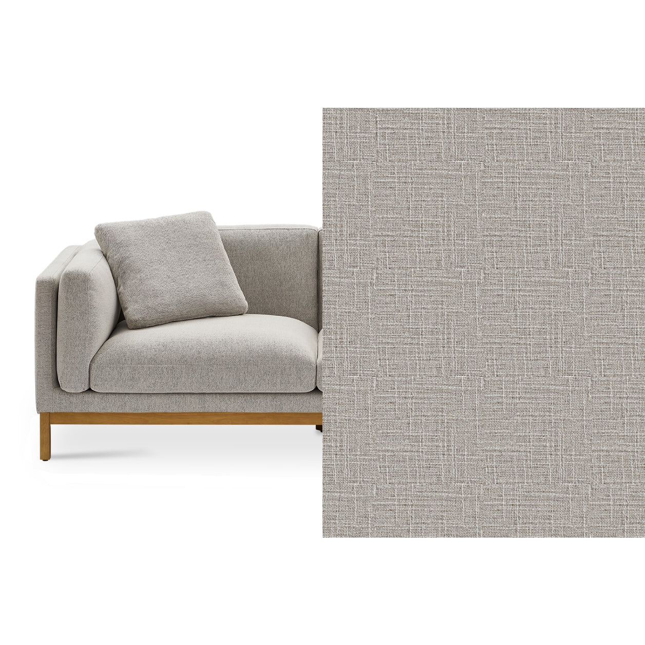 The Owen Chaise Sectional Sofa, boasting a contemporary gray tone and wooden legs, is complemented by a matching cushion. Its fabric showcases a textured pattern, prominently displayed in a large close-up on the right against a white background.