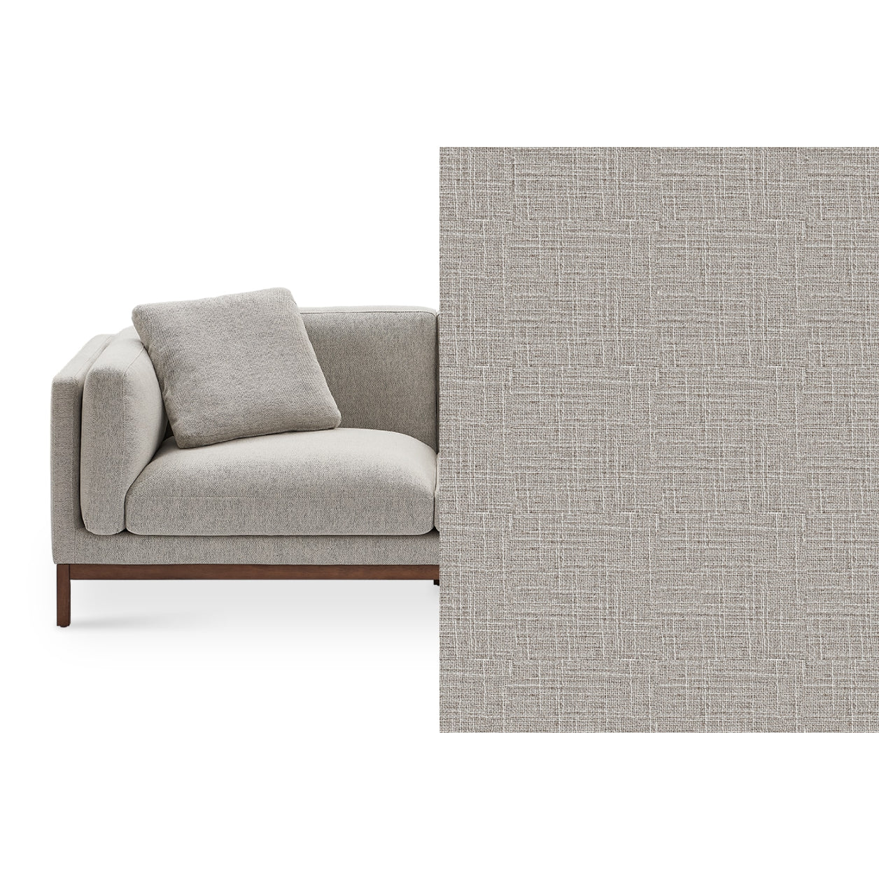 The Owen Chaise Sectional Sofa, featuring light gray fabric and a matching cushion, is displayed on the left against a white backdrop. To the right, there's a close-up of the sofa's textured fabric pattern. The sofa is supported by a dark wooden base.