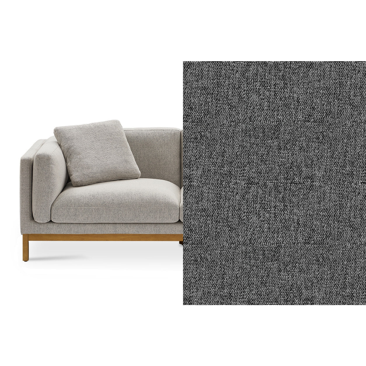 The Owen Chaise Sectional Sofa features a contemporary gray design with a single cushion set upon the seat. It is supported by a wooden base and legs. On the right, there is a close-up of the texture sample showcasing the same gray fabric used on this sofa against a white background.