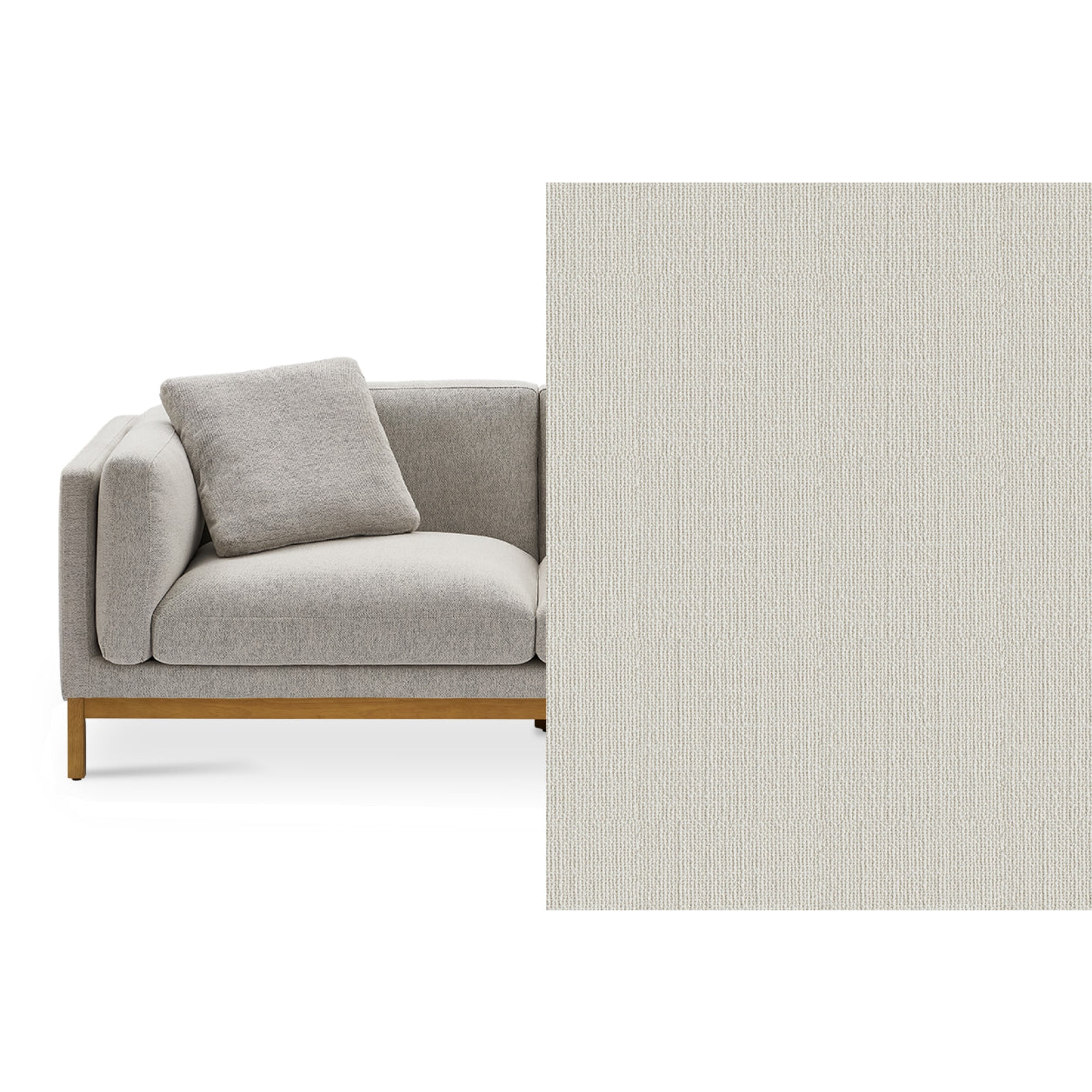 The image features the Owen Chaise Sectional Sofa, a contemporary sofa with a wooden base and a light gray fabric, complete with a matching cushion on the seat. The right half of the image provides an up-close view of the textured fabric.