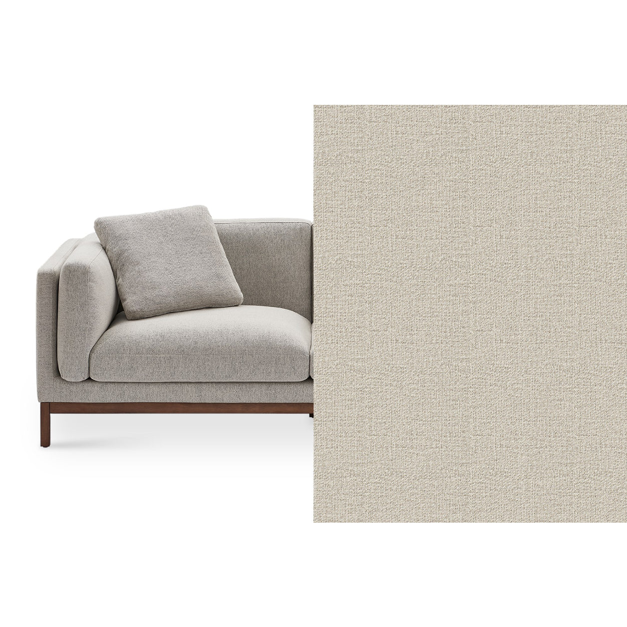 The Owen Chaise Sectional Sofa is a modern gray piece featuring a matching cushion on the left side. A close-up shows its textured fabric on the right. The sofa is designed with a low backrest and wooden legs.