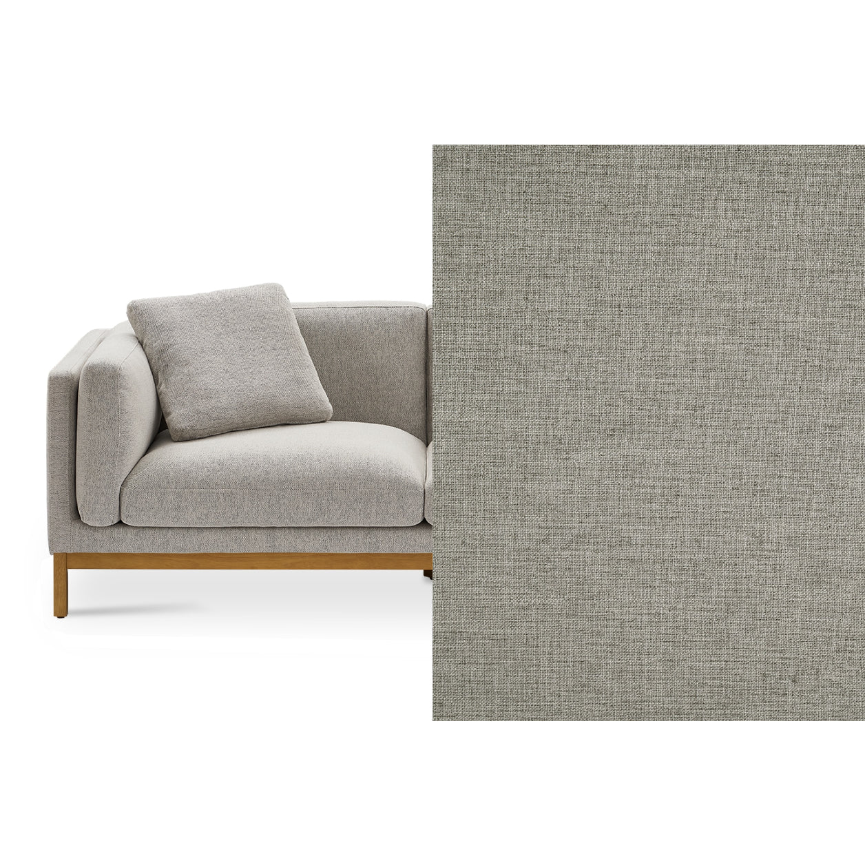 Owen Chaise Sectional Sofa in gray upholstery, paired with a square pillow and wooden legs. The fabric boasts a subtle woven texture, detailed in the close-up section on the right. Part of the sofa is visible, occupying the left side of the image.