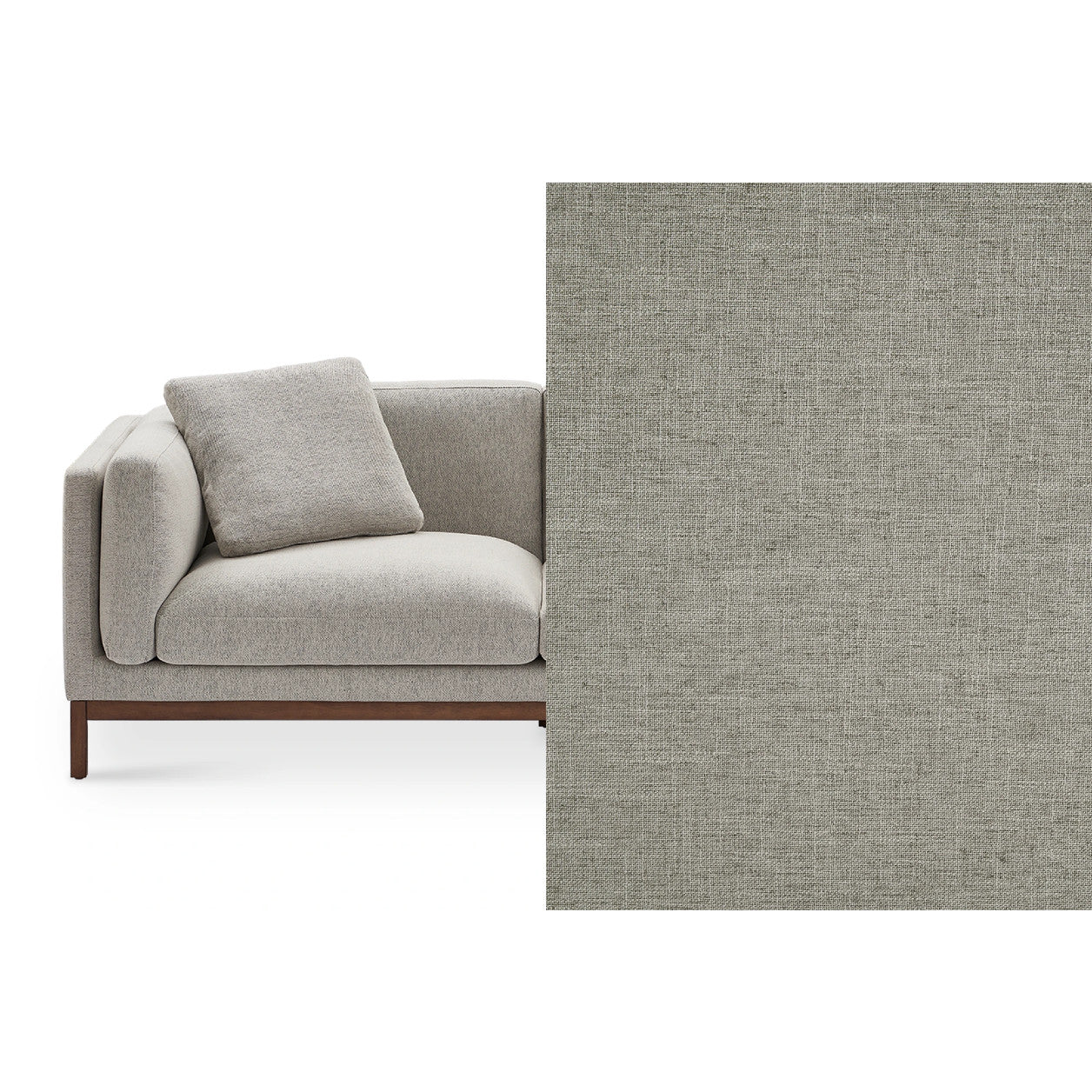 The Owen Chaise Sectional Sofa, a modern piece in gray fabric, is paired with a matching cushion and showcased next to a close-up photo highlighting its textured upholstery with a subtle woven pattern. This sofa features an angular design and wooden base, offering both style and comfort.