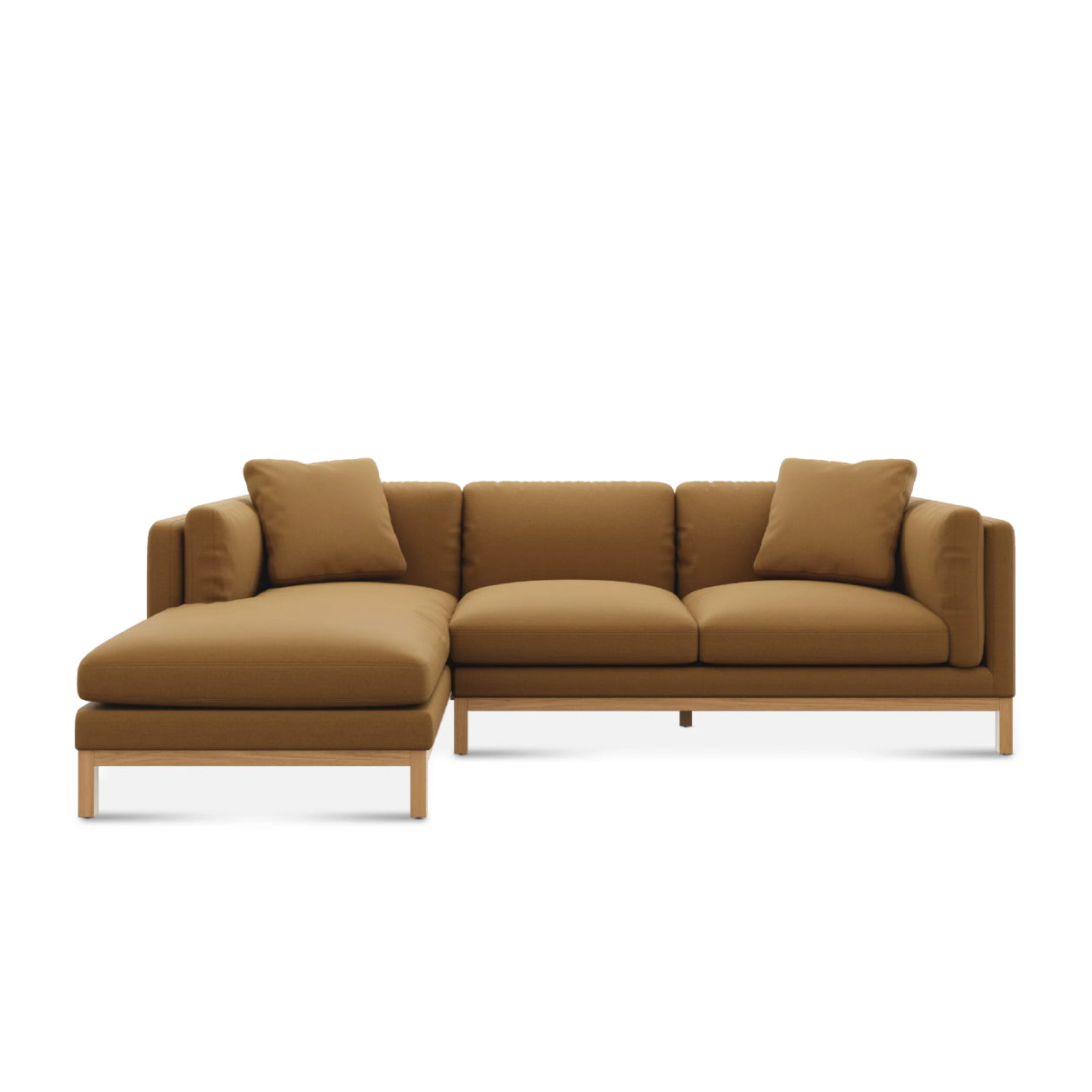 The Owen Chaise Sectional Sofa is a brown L-shaped sectional with wooden legs and plush cushions, featuring two seating sections and an extended chaise lounge on the left side.