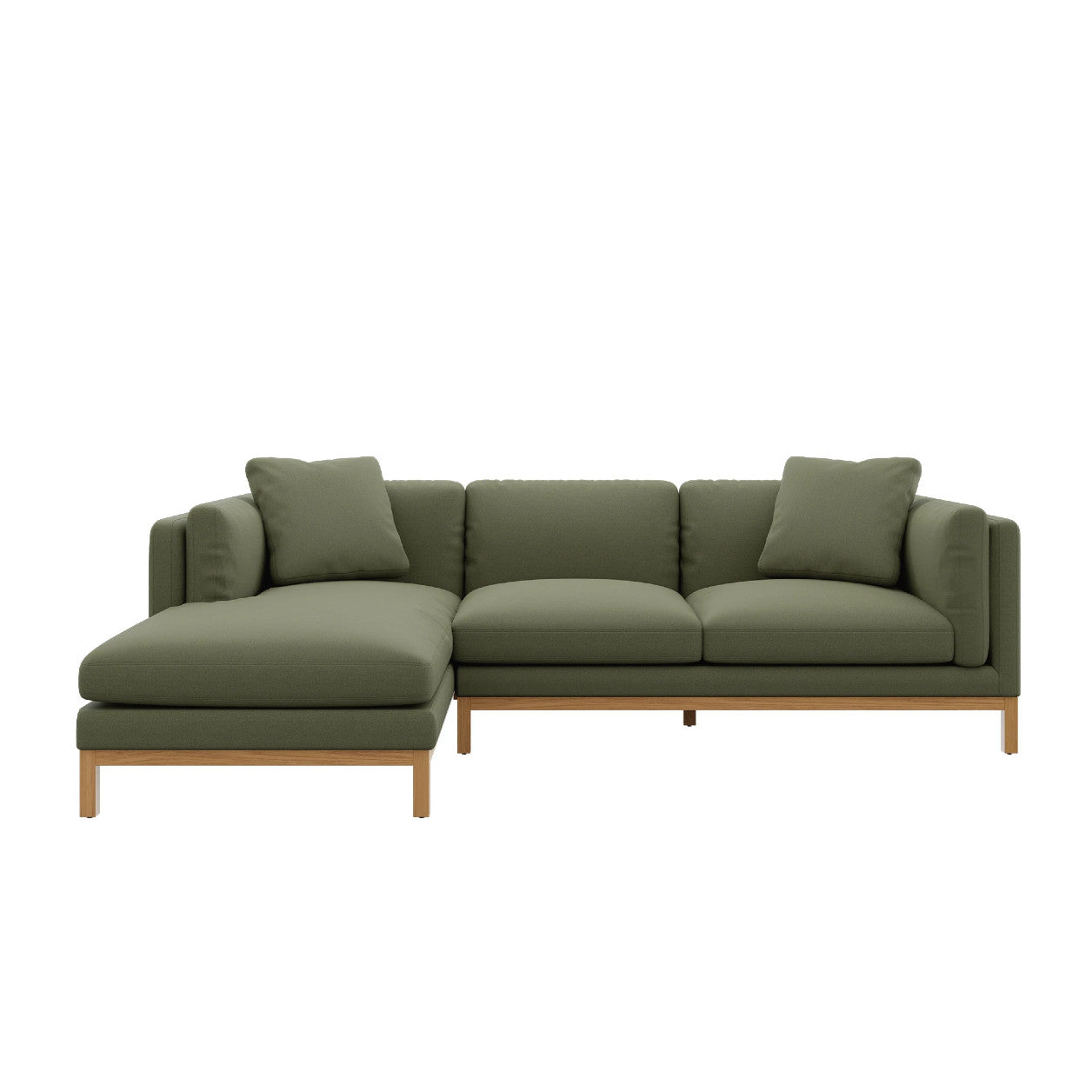 The Owen Chaise Sectional Sofa is a green L-shaped piece with a wooden base. It includes three seat cushions, a left-side chaise, and three loose back cushions, all presented in a modern and minimalist design.