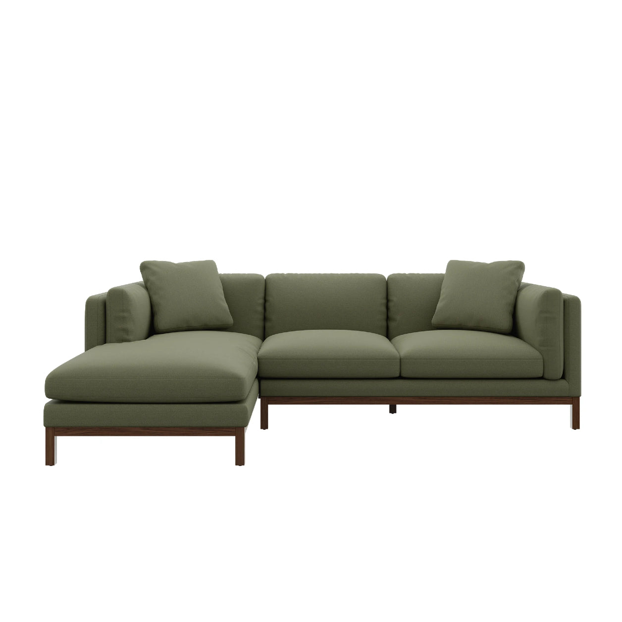 Introducing the Owen Chaise Sectional Sofa, a modern piece in olive green with sleek wooden legs, featuring a left-side chaise and several matching cushions.