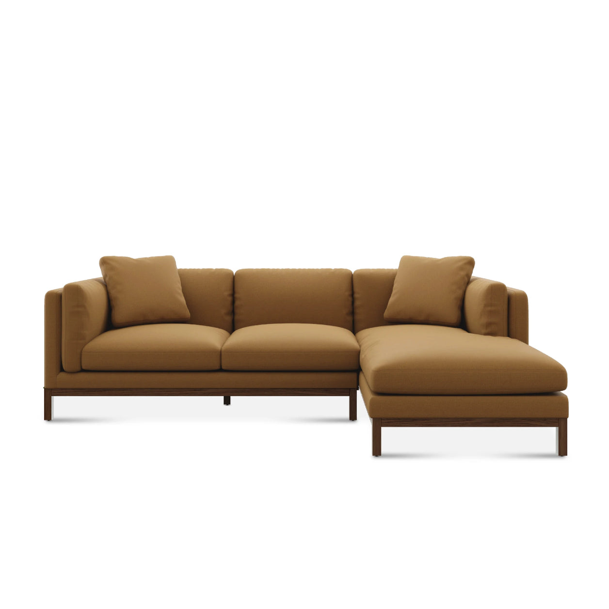 Owen Chaise L-shaped sectional sofa in brown with three cushions on a white background.