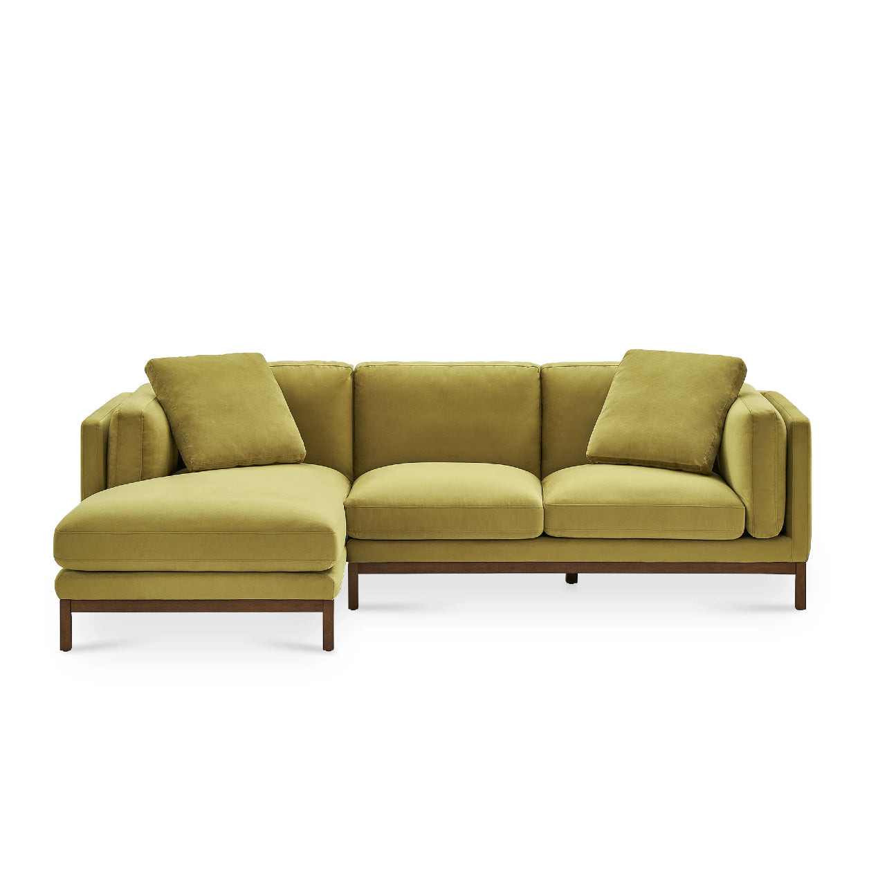 Introducing the Owen Chaise Sectional Sofa: a contemporary green piece with sleek lines and wooden legs. It includes three back cushions and three seat cushions, along with two extra pillows that enhance its cozy and welcoming look.