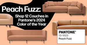Advertisement featuring various couches in Pantone's 2024 Color of the Year, Peach Fuzz. Text reads: "Peach Fuzz: Shop 12 Couches in Pantone's 2024 Color of the Year." The image includes different styles of peach-colored couches on a peach background.