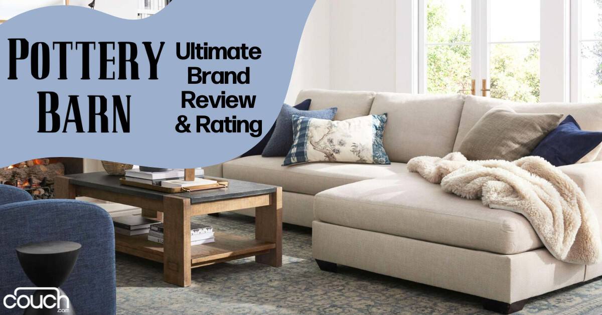 A living room featuring a beige sectional sofa adorned with various cushions and a folded blanket. A wooden coffee table with decorative items and a book sits in front of the sofa. Text in the image reads "Pottery Barn Ultimate Brand Review & Rating" and "couch.com.