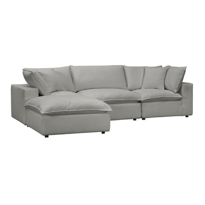 The Cali Performance Fabric Modular 4 Piece Sectional is a modern light gray sofa featuring plush cushions and a chaise lounge on one end, set against a plain white background.