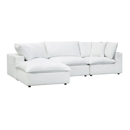 Cali Performance Fabric Modular 4 Piece Sectional in modern white, featuring plush cushions and a left-side chaise lounge, set against a plain white background.