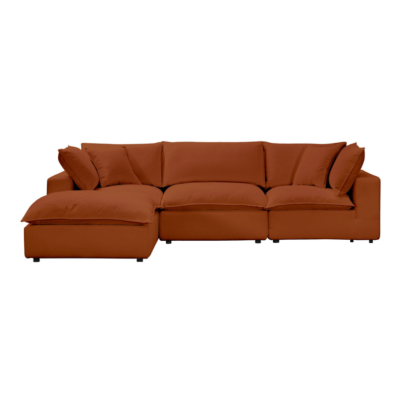 The Cali Performance Fabric Modular 4 Piece Sectional features a modern, L-shaped design in a rust color, complete with plush cushions and wide armrests, showcased against a plain white background.