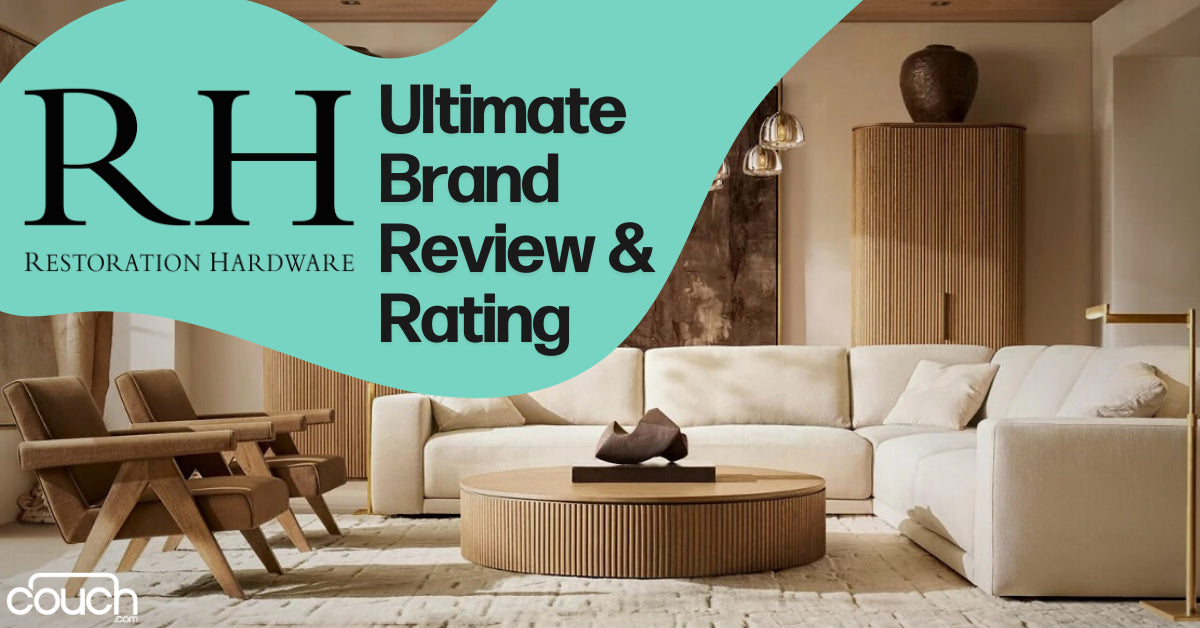 A modern living room setup with a beige sectional sofa, round wooden coffee table, and wooden chairs. The text reads: "RH Restoration Hardware Ultimate Brand Review & Rating." The color scheme is neutral with wooden accents.