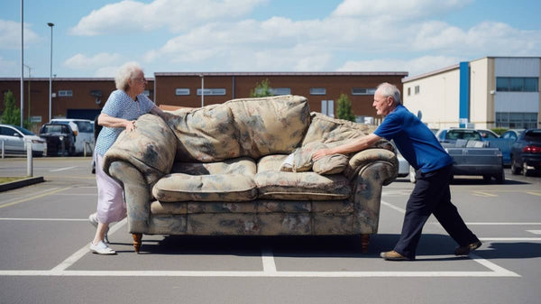 An elderly woman and man are moving a patterned couch across a parking lot. The woman is wearing white pants and a blue patterned shirt, while the man is in a blue shirt and dark pants. Several cars and a building are visible in the background under a partly cloudy sky.