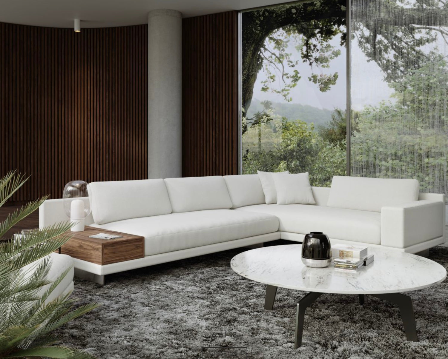 A modern living room with a large white sectional sofa, a marble coffee table, and a shaggy gray rug. The room features a floor-to-ceiling window showcasing a scenic outdoor view with trees. A wooden side table is integrated into the sectional sofa.