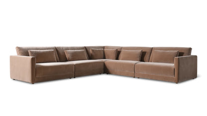 The Wind Down 4-Piece Modular Sectional, a spacious beige L-shaped sofa with clean lines and plush cushions, is showcased against a white background.