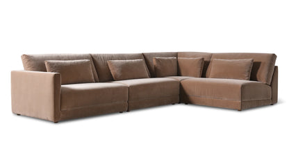 The Wind Down 4-Piece Modular Sectional is a large, L-shaped brown sofa that includes five matching cushions and is set against a white background. It showcases a minimalist design with straight lines and a plush texture.