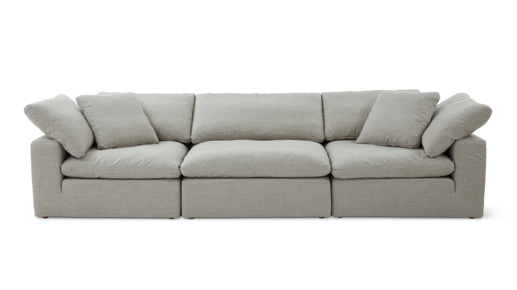 The Movie Night 3-Piece Modular Sofa is a light gray, three-seater sectional featuring plush cushions and a modern design, set against a white background.