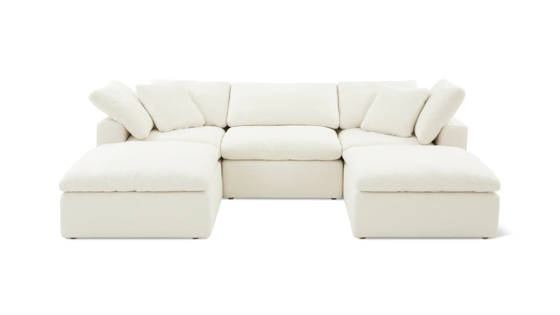 The Movie Night 3-Piece Modular Sofa, a white sectional with a modern design, includes multiple cushions and a chaise lounge at each end, all displayed against a simple white backdrop.