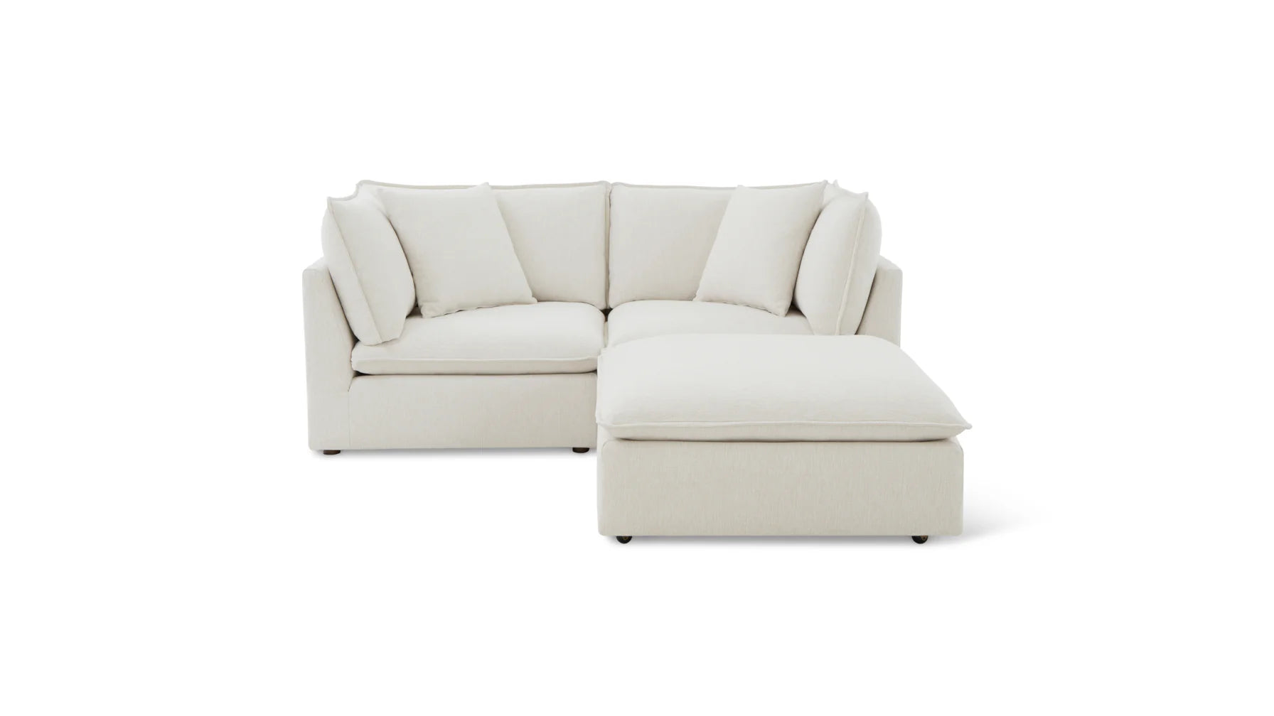 The Chill Time 4-Piece Modular Sectional is presented in beige with an L-shaped design and plush cushions, staged against a plain white background. This sectional includes a right-side chaise lounge, offering ample seating and showcasing a modern, minimalist aesthetic.