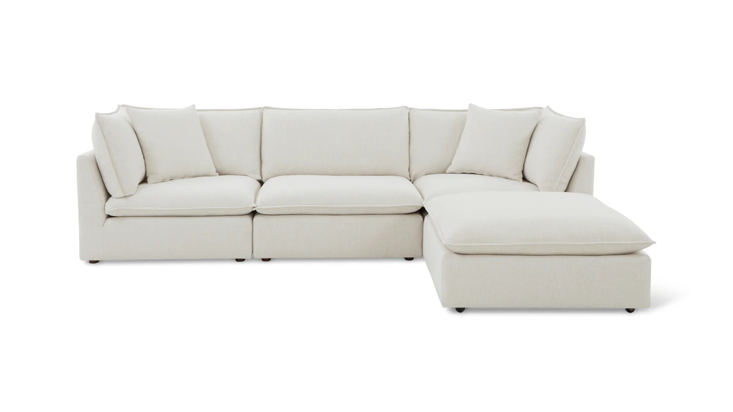 A light beige Chill Time 4-Piece Modular Sectional with plush cushions, set against a plain white background. The sectional features three seat segments on the left and a chaise lounge extension on the right, providing a spacious and comfortable seating area.