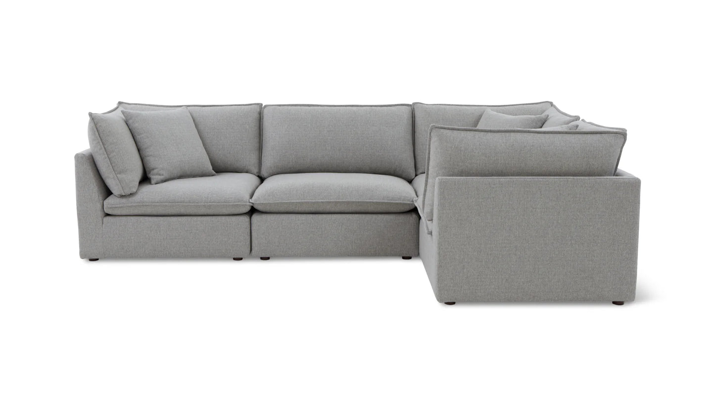 The Chill Time 4-Piece Modular Sectional is a contemporary, gray L-shaped sofa with plush cushions, displayed on a white background.