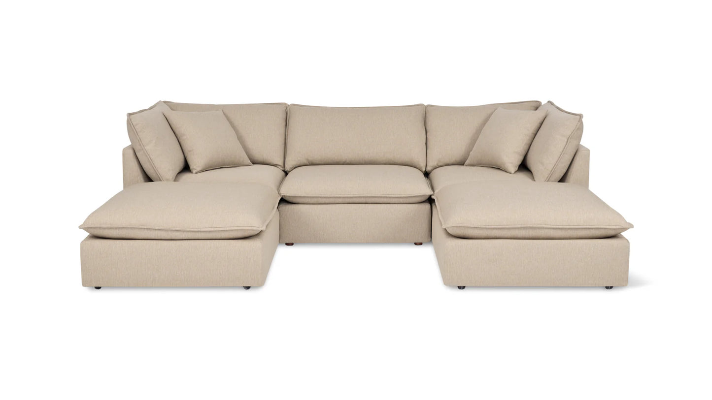 The Chill Time 4-Piece Modular Sectional in beige is set against a white background, featuring an L-shaped design with dual chaise lounges on either side. It offers plenty of seating space and presents a modern, minimalist look with multiple cushions.