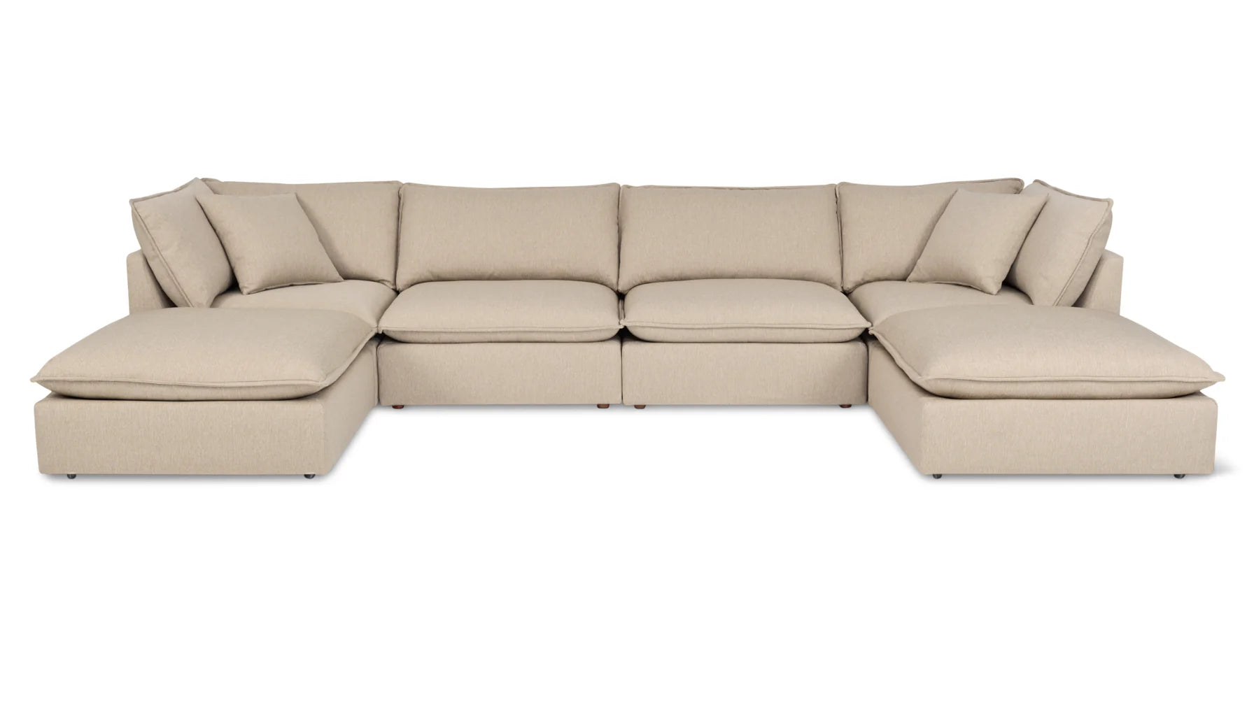 The Chill Time 4-Piece Modular Sectional is a large, beige L-shaped sofa that offers ample seating with multiple cushions. It boasts a clean, modern appearance and is displayed against a plain white background.