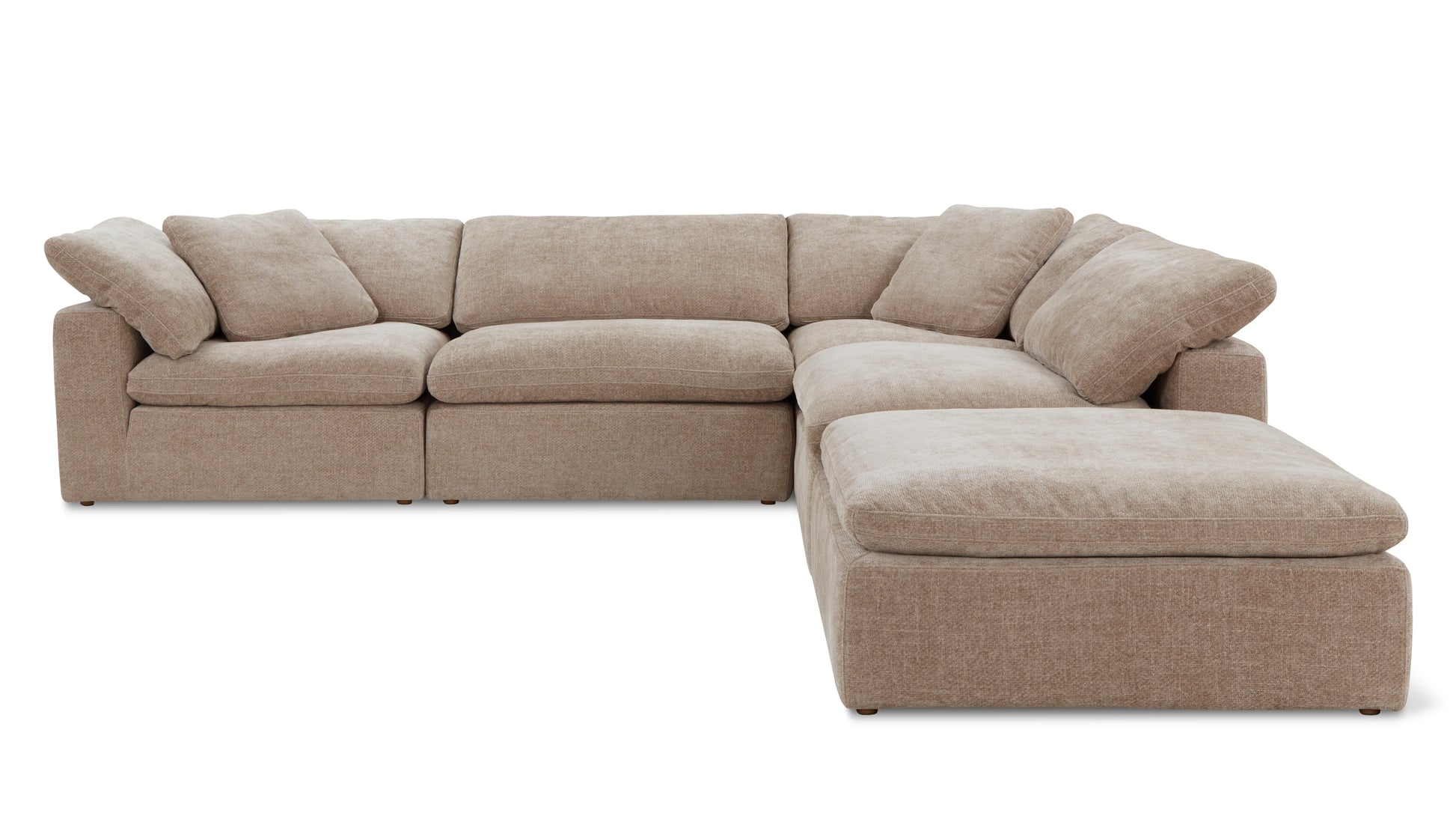 A spacious and contemporary beige Movie Night 3-Piece Modular Sofa featuring plush cushions and a chaise lounge extension, arranged in an L-shape on a white background.