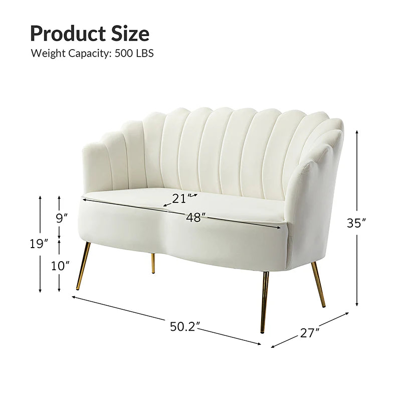 The Ariel Scalloped Loveseat features white upholstery with a scalloped backrest and gold metal legs. Its dimensions are 50.2 inches in width, 27 inches in depth, and 35 inches in height. The seat height is 19 inches, the seat depth is 21 inches, and the leg height measures 10 inches. It has a weight capacity of 500 lbs.