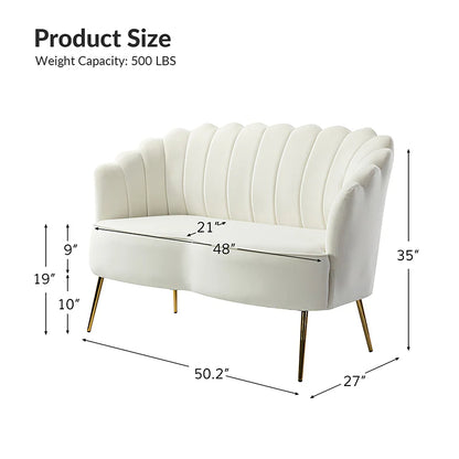 The Ariel Scalloped Loveseat features white upholstery with a scalloped backrest and gold metal legs. Its dimensions are 50.2 inches in width, 27 inches in depth, and 35 inches in height. The seat height is 19 inches, the seat depth is 21 inches, and the leg height measures 10 inches. It has a weight capacity of 500 lbs.