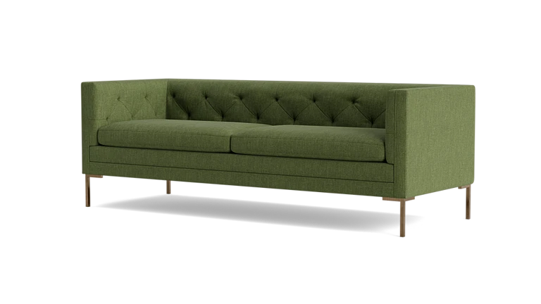 The Sit Tight 90" Sofa is a green mid-century modern piece, featuring a tufted backrest, two seat cushions, and sleek wooden legs.