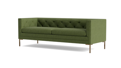 The Sit Tight 90" Sofa is a green mid-century modern piece, featuring a tufted backrest, two seat cushions, and sleek wooden legs.