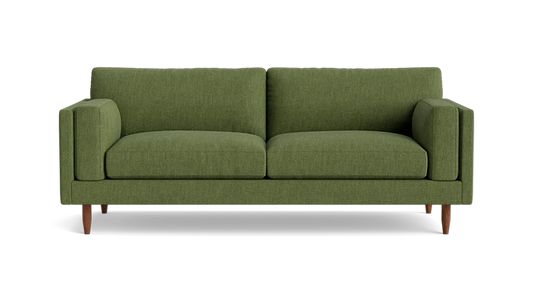 The Skinny Fat 85" Sofa Standard Depth is showcased against a white background. This green tufted loveseat includes two seat cushions and two back cushions, complemented by wooden legs that enhance its sleek modern design.