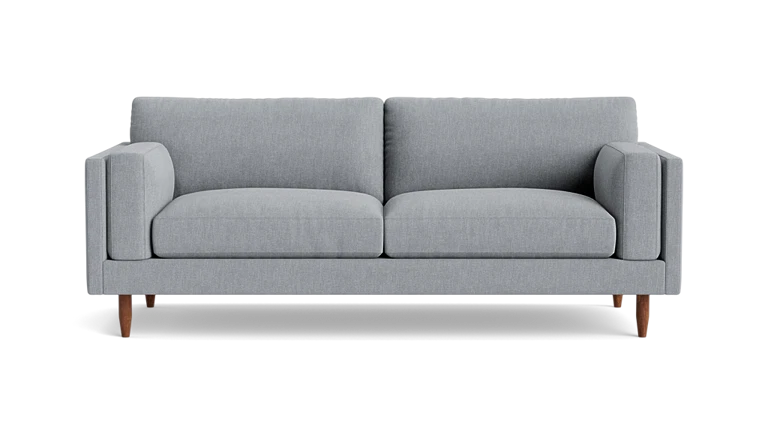 Discover the Skinny Fat 85" Sofa Standard Depth, a contemporary piece in light gray that features two seat cushions and two backrest cushions. With its straight, simple armrests and wooden legs, this sofa embodies a minimalist design. The transparent background accentuates its sleek appearance.