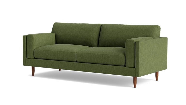 The Skinny Fat 85" Sofa Standard Depth is a modern piece in green, featuring clean lines and plush cushions, with square armrests supported by four wooden legs.